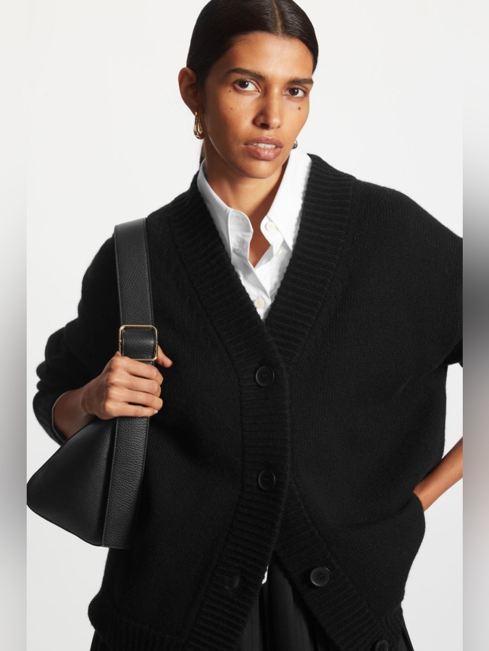 COS Oversized 100% Wool V-neck Chunky Knit Cardigan Sweater Black XS Minimalist